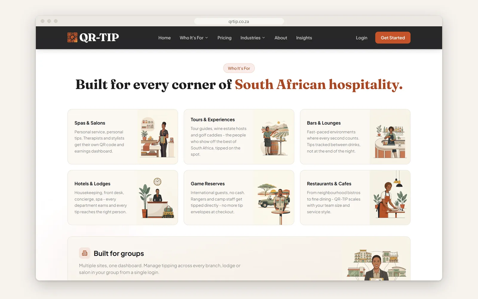 Home page section 'Built for every corner of South African hospitality' with illustrated cards for spas, tours, bars