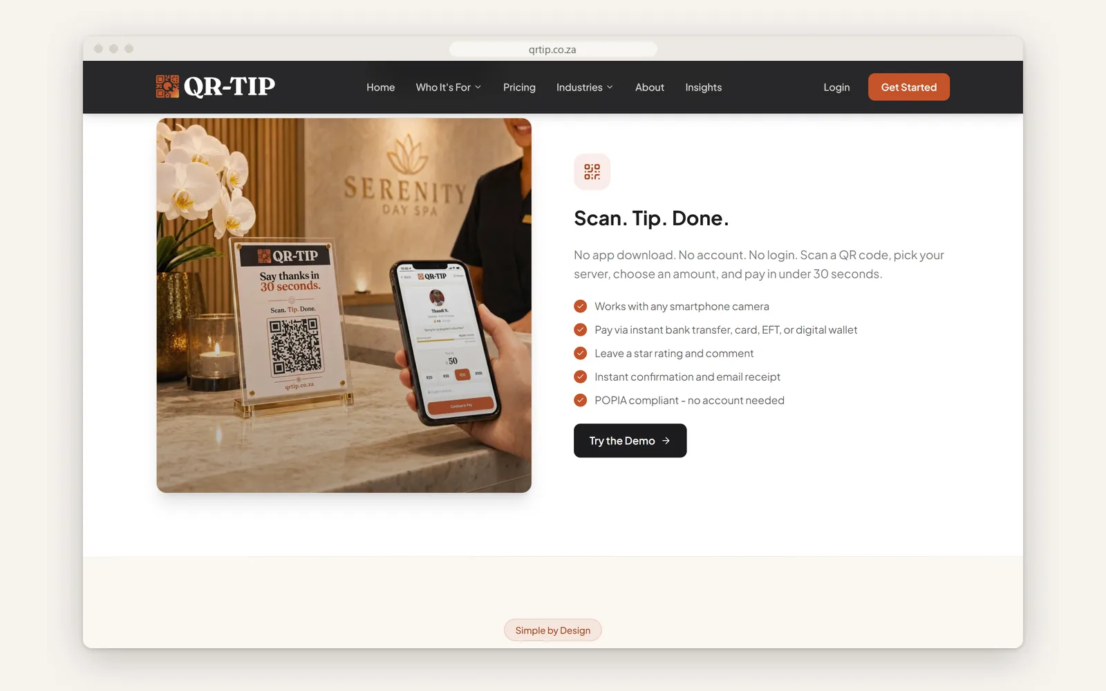 Home page 'Scan. Tip. Done.' section showing the QR stand in a day spa and the product promise list