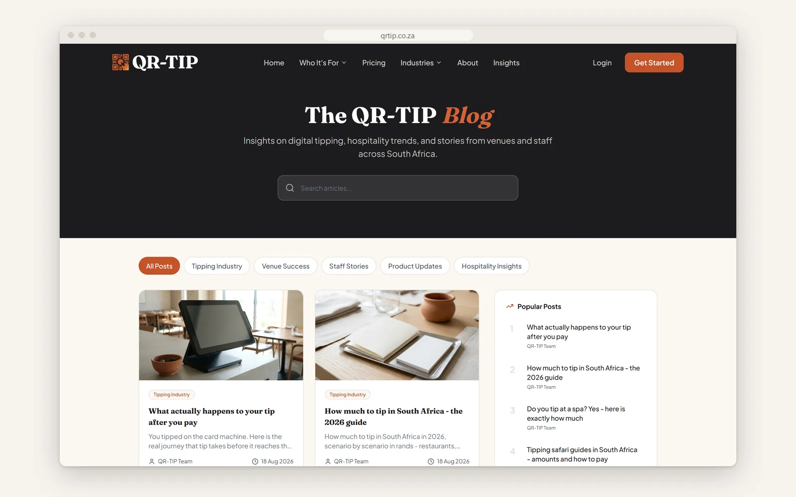 The QR-TIP blog index with category filters, article cards and popular posts