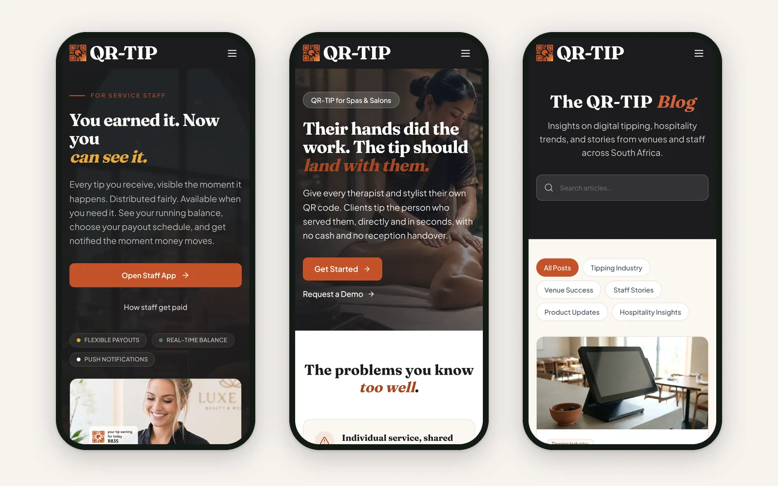 Three phone screens of qrtip.co.za: the staff hero, the spas and salons page and the blog