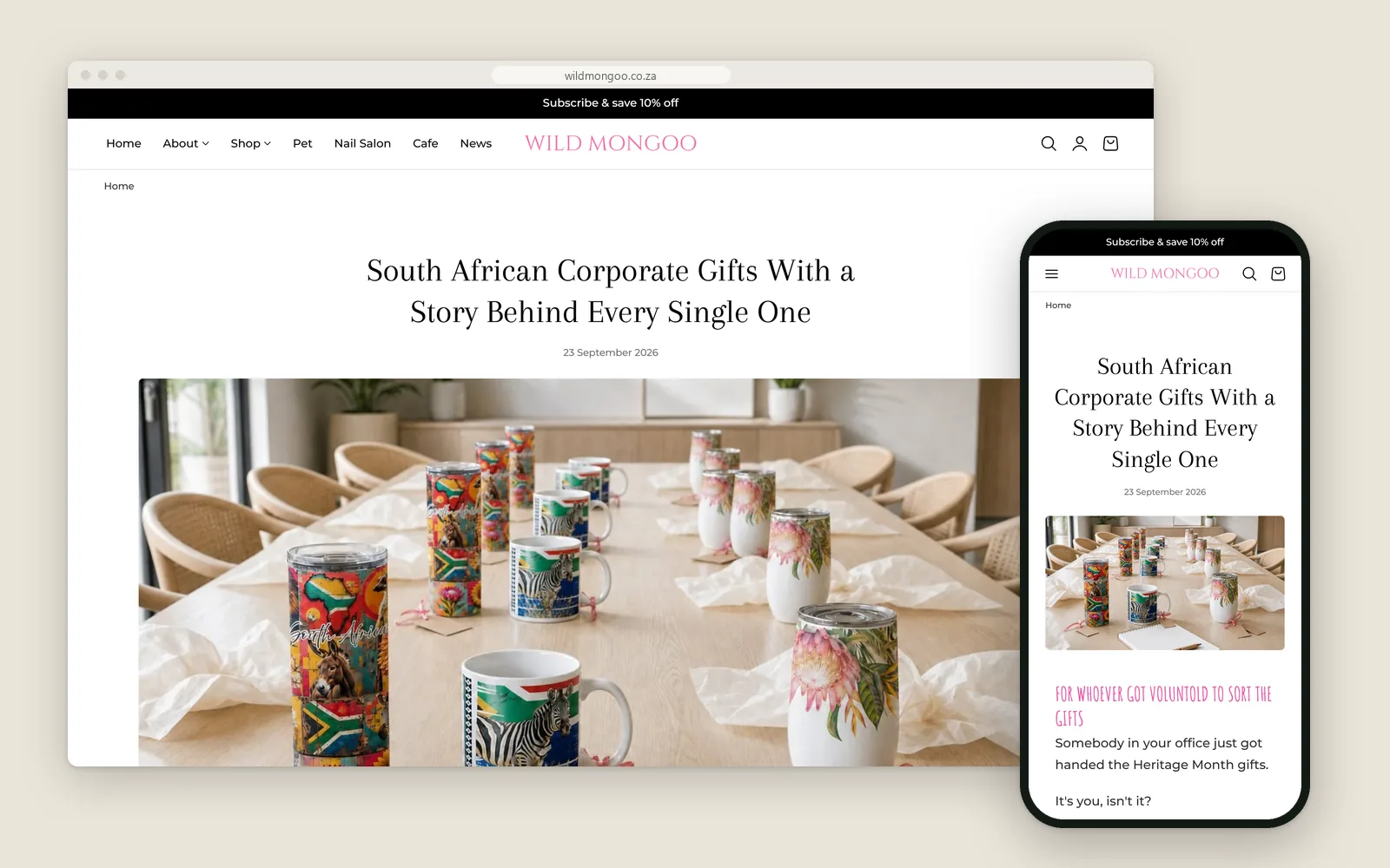 A weekly Wild Mongoo article on desktop and phone: 'South African Corporate Gifts With a Story Behind Every Single One'