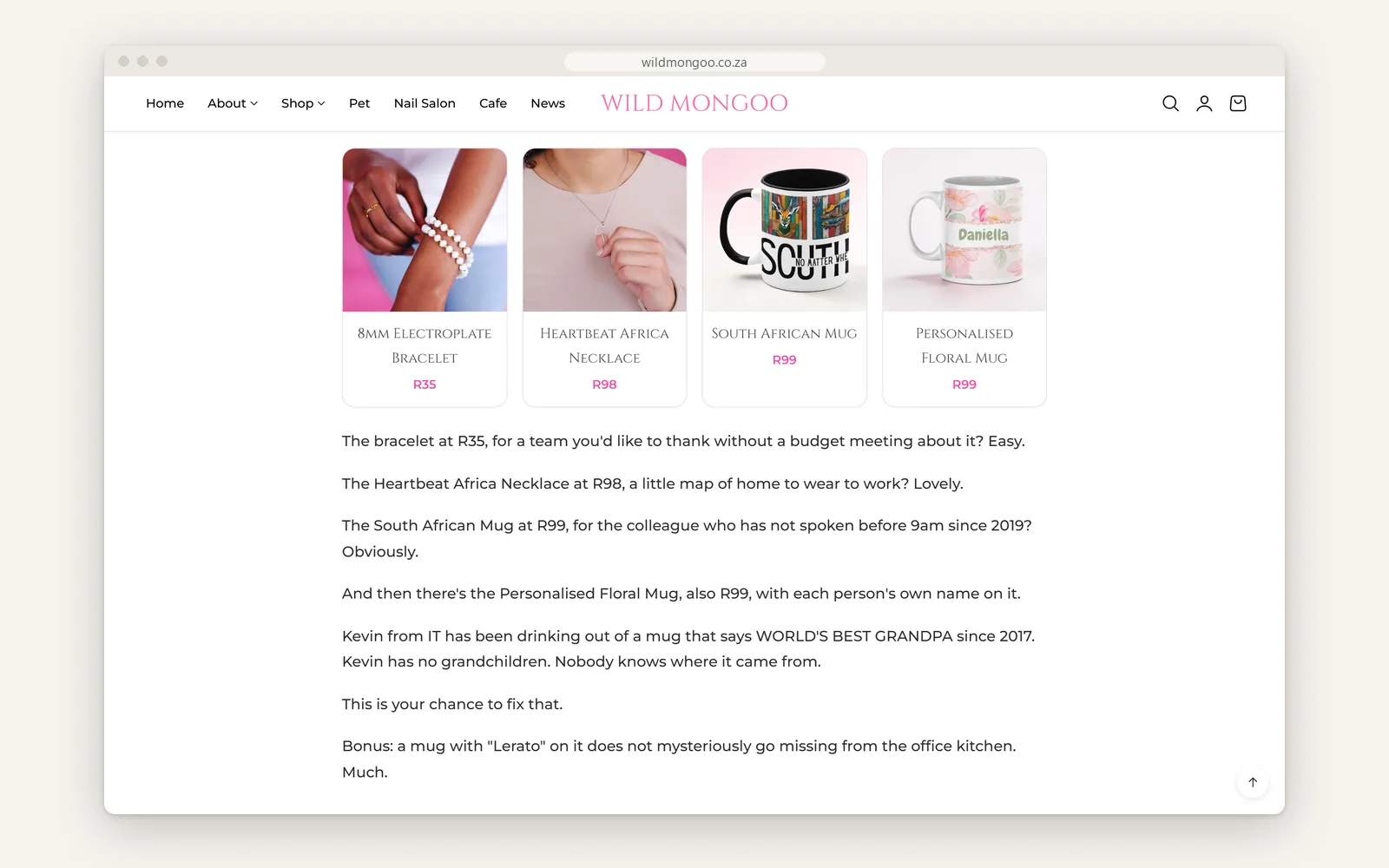 Inside the corporate gifts article: a shoppable product strip with prices, then copy in Wild Mongoo's own voice