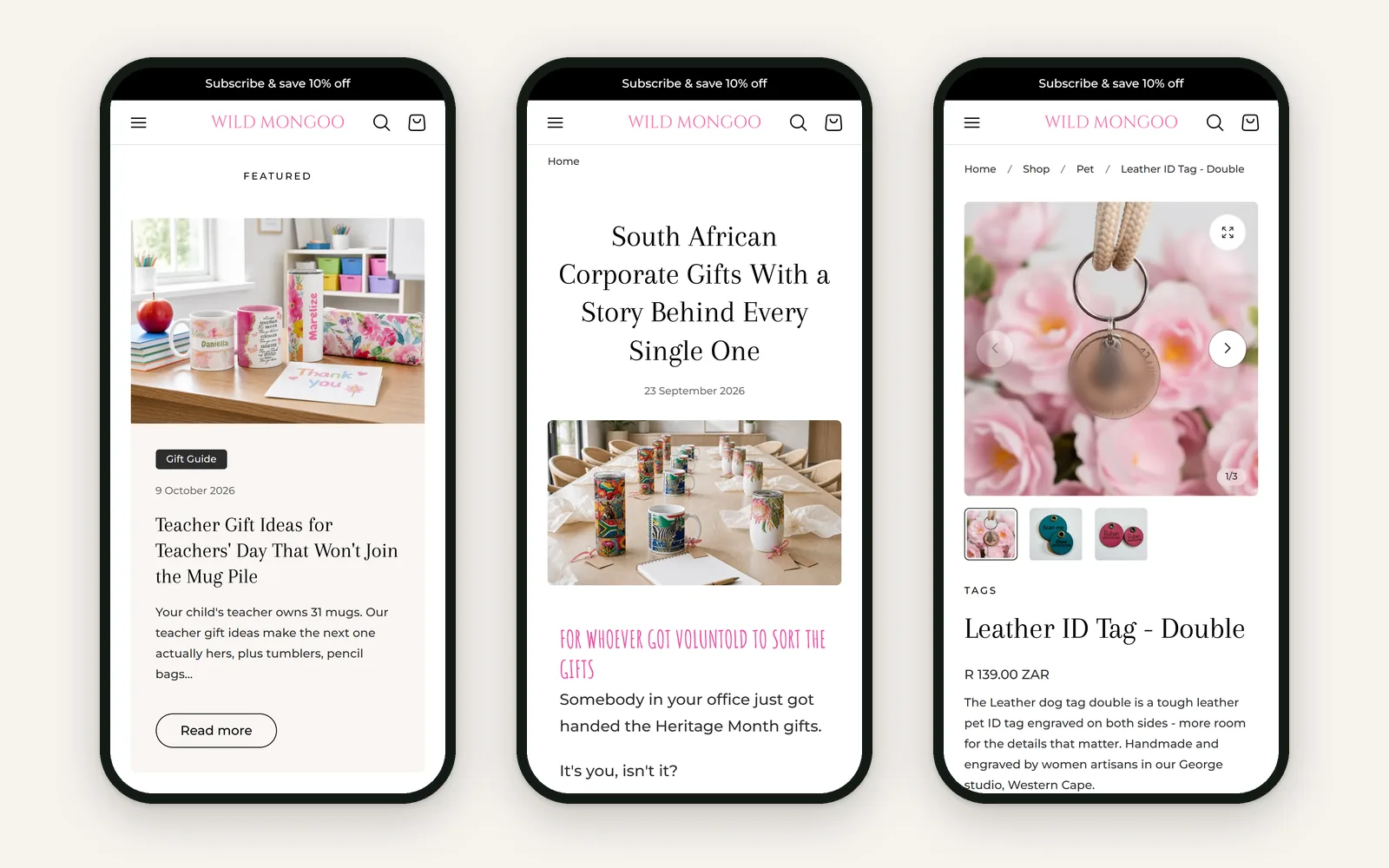 Three phone screens of wildmongoo.co.za: the News index, a weekly article and a product page
